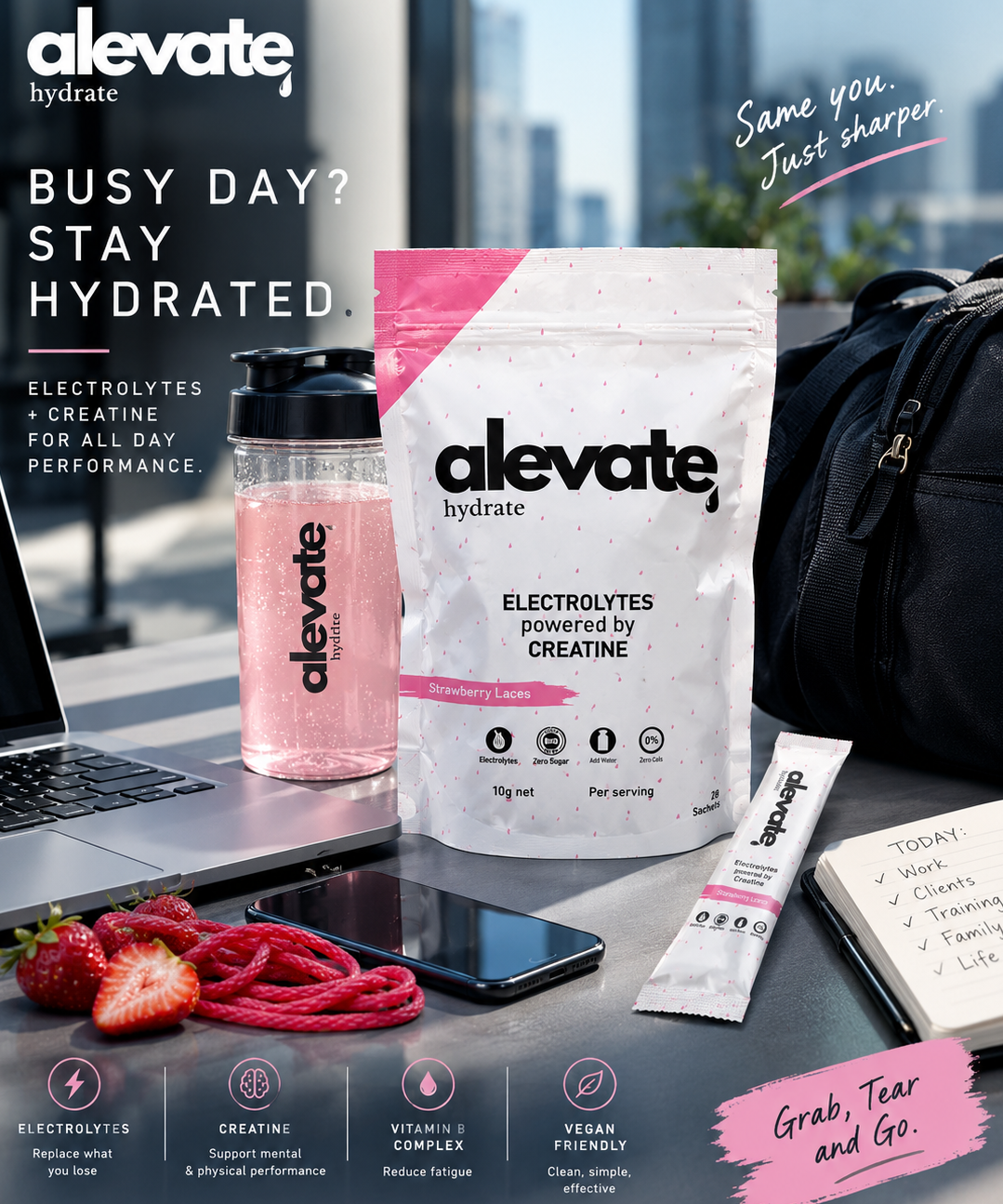 Alevate Hydrate Electrolyte & Creatine Drink Mix – Strawberry Laces – 28 Stick Packs