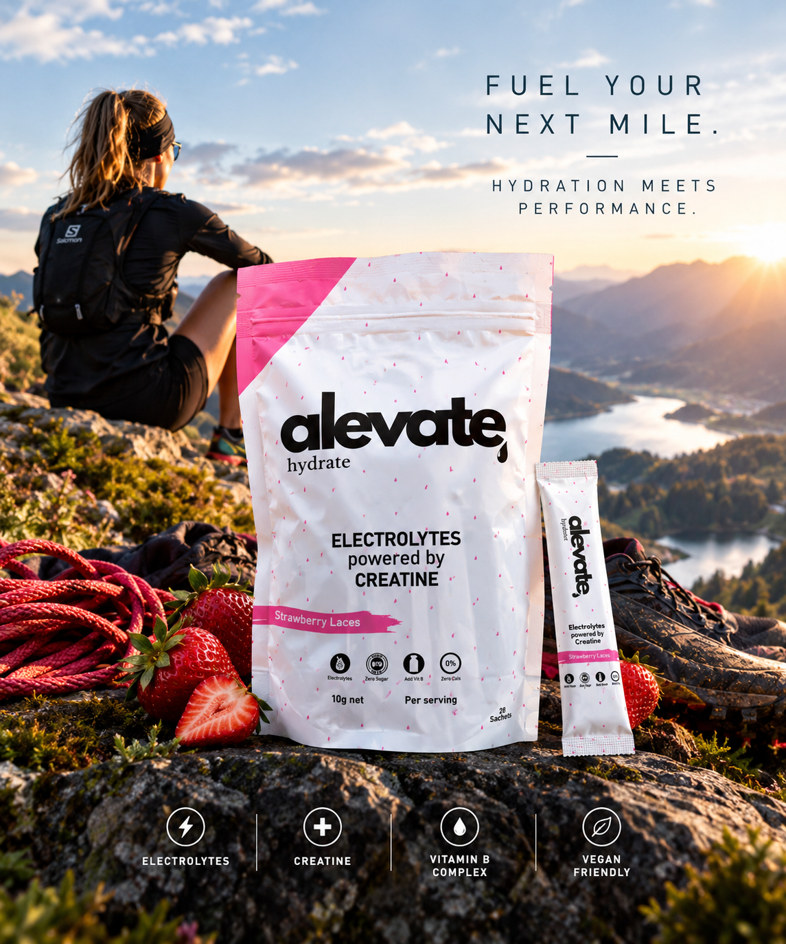 Alevate Hydrate Electrolyte & Creatine Drink Mix – Strawberry Laces – 28 Stick Packs